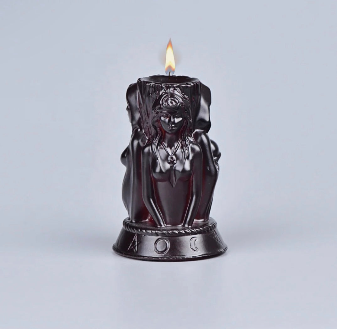 Triple Goddess Hekate candle showing Mother Maiden Crone symbolism with black wax