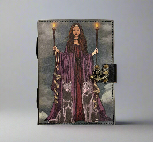 Leather Hekate journal with triple moon goddess symbol on black cover