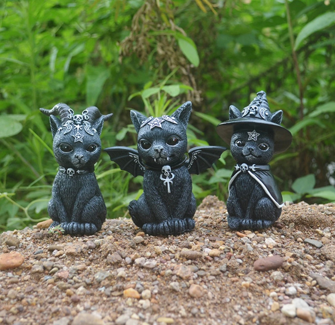 Witchy Cat Statue | Garden | Altar | Wicca | Vampire Kitty | Black Cat | - Sunlitsage